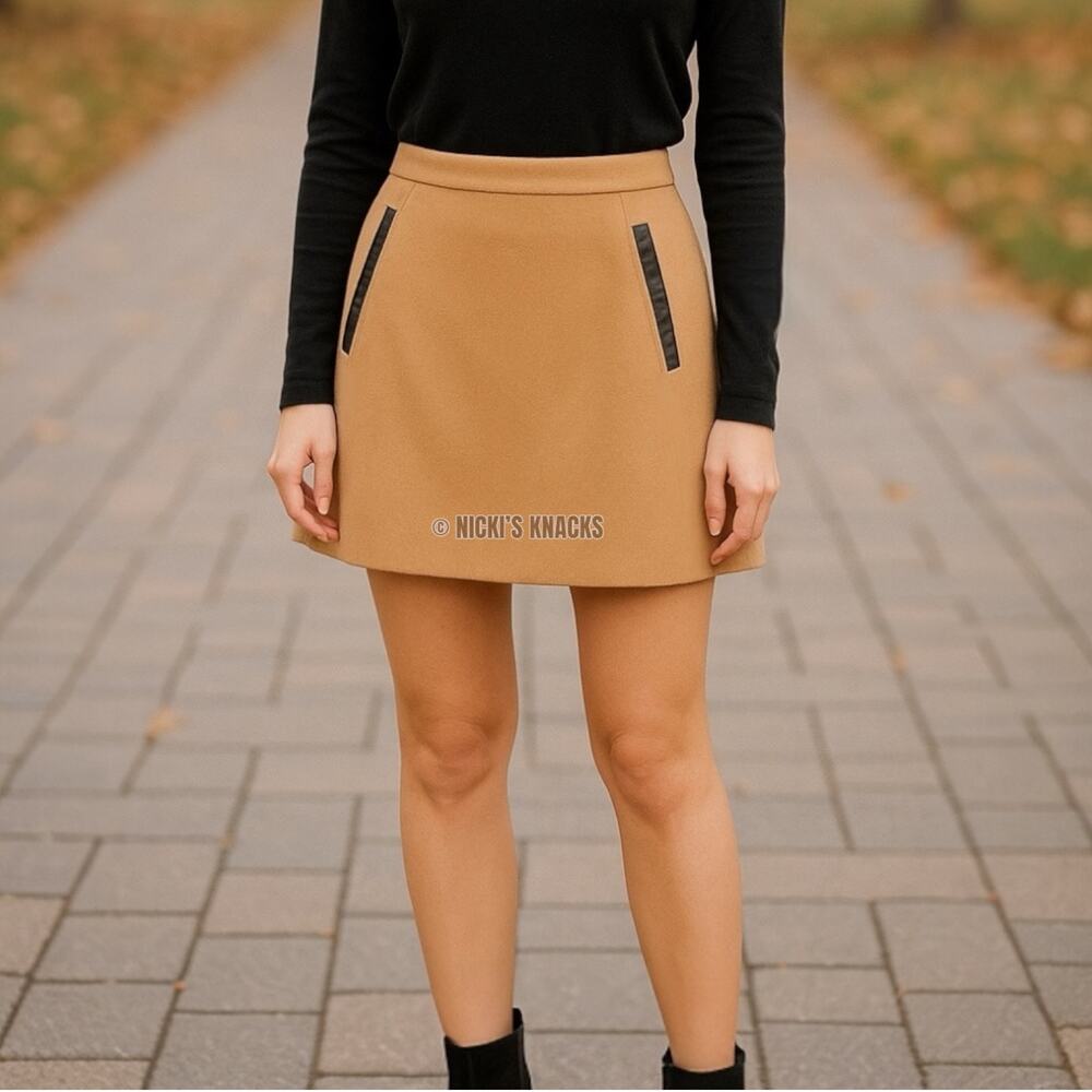 ASOS Camel Tan High Waisted Mini Skirt A Line Faux Leather Fall Outfit Size 8